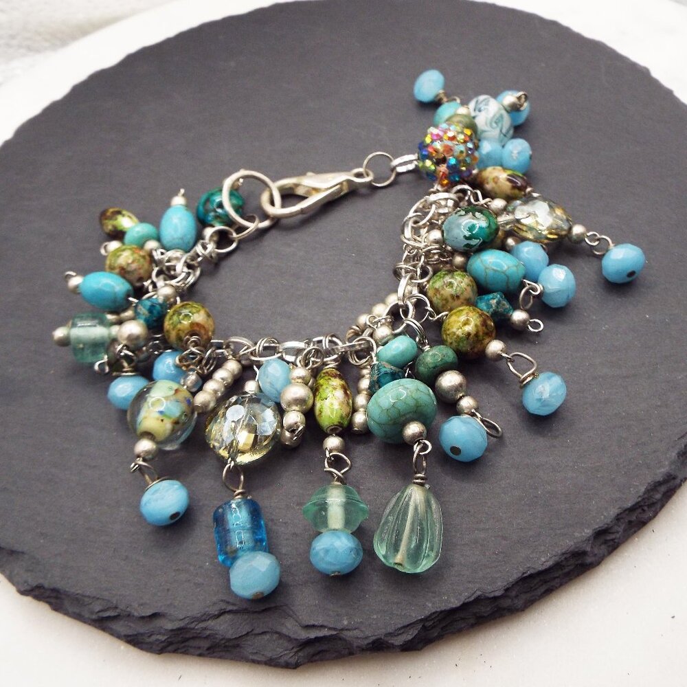 ARTISAN MURANO ARTGLASS AQUA CRYSTAL& SILVERY BEAD LOADED CHARM BRACELET 13